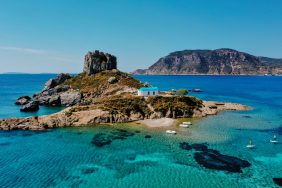 Natural view of the Kos Island and Kefalos Beach in Greece  under a clear sunny sky